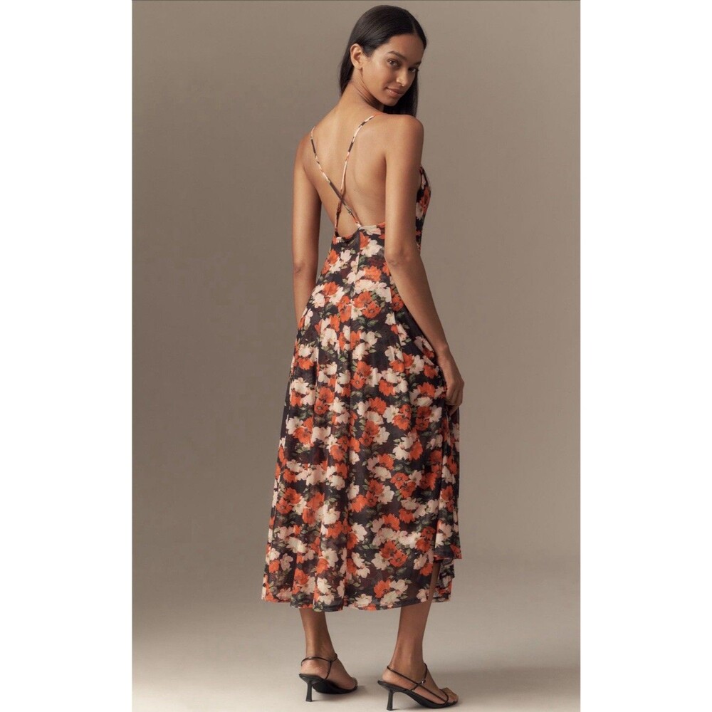 Anthropologie Midi Dress Black Floral Mesh A Line Preppy Flowy Boho Size XL NWT
